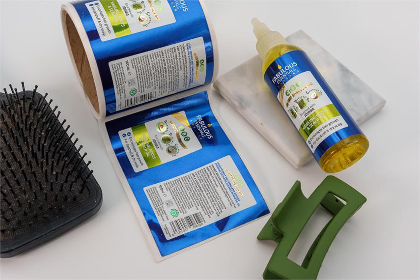 Blue cosmetic vinyl labels for Fabulous Essentials bottles