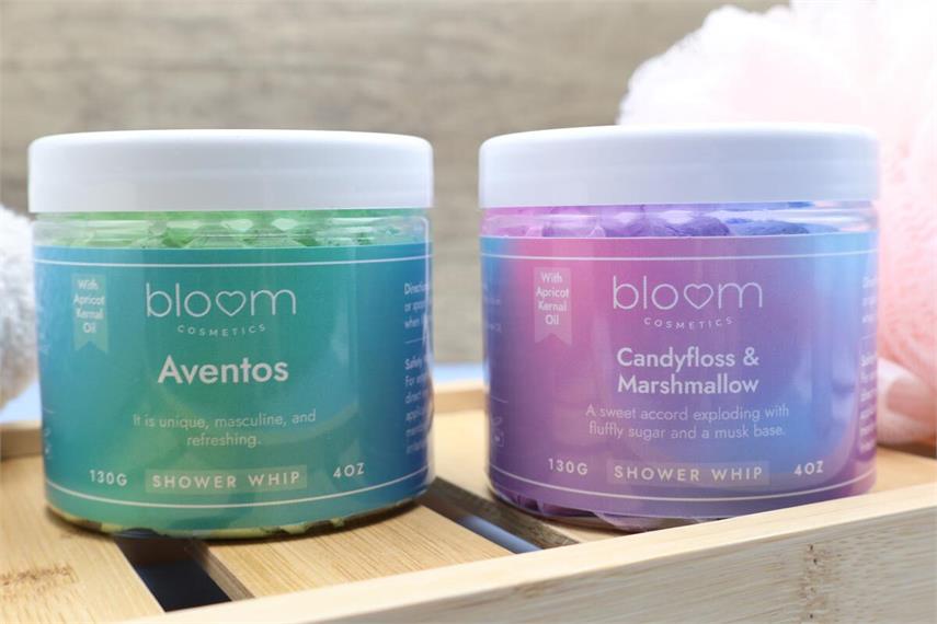 Bloom Cosmetics shower whip jars with vinyl labels