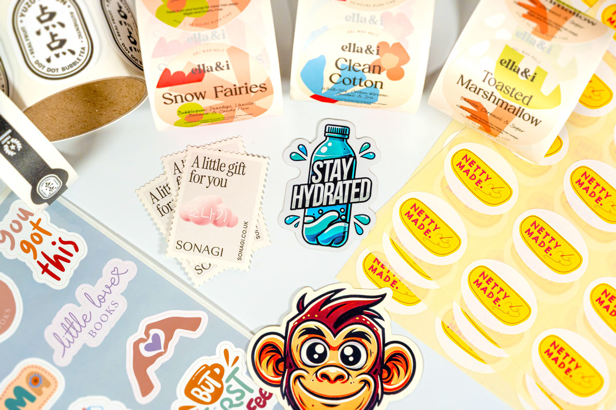 A selection of different sticker types on a white background