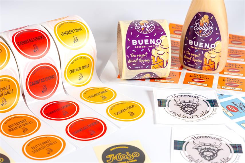 Some custom stickers shown on rolls and sheets for products